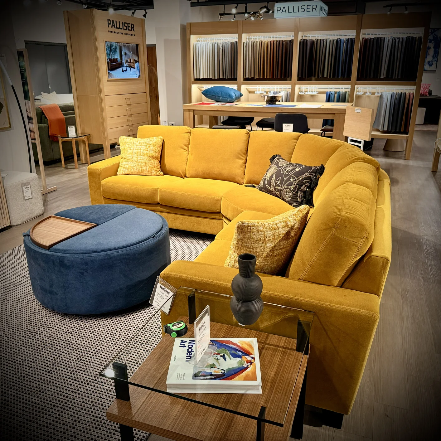 Yellow Fabric Sofa with Ottoman