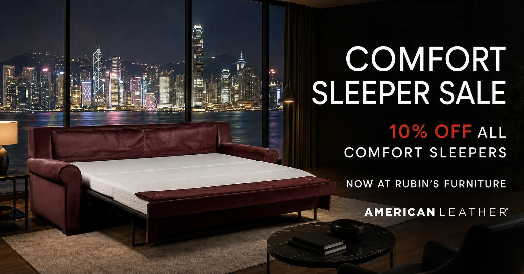 Promotional banner showing a burgundy leather sleeper sofa opened into a bed in a luxury room